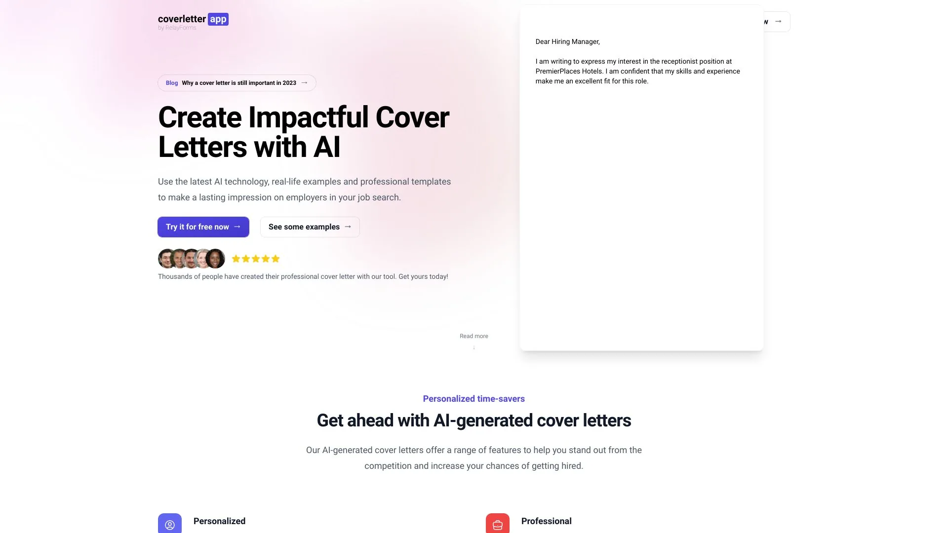 AI云简历，示例和模板 | coverletter.app screenshot