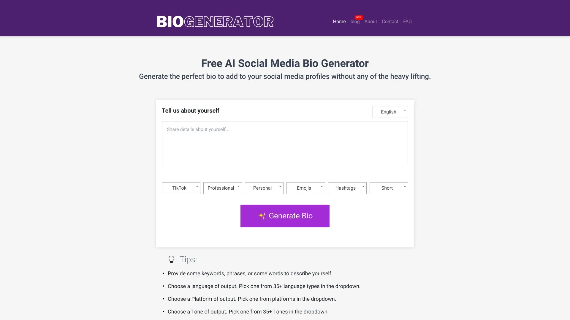 Social Media Bio Generator screenshot