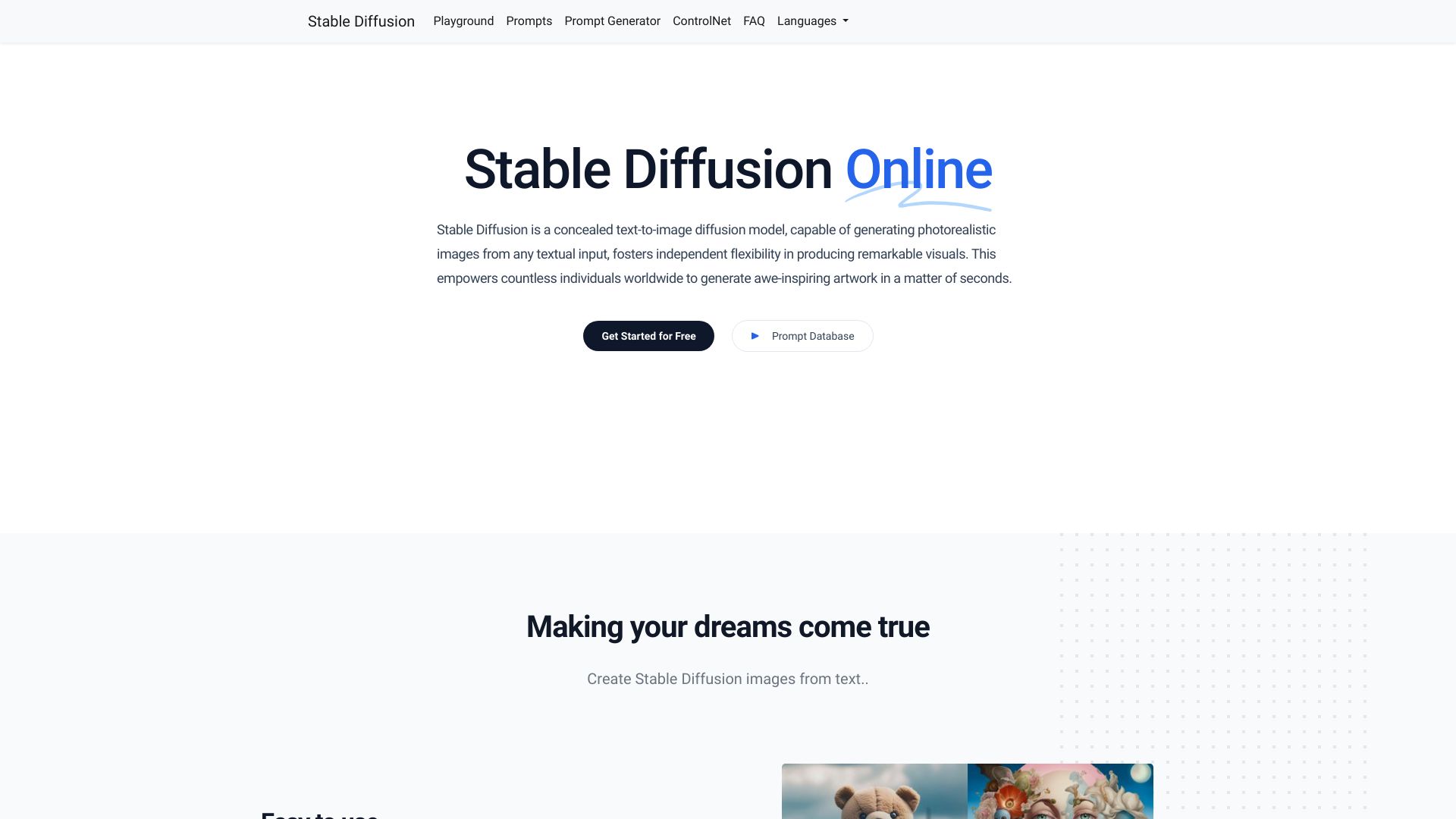 Stable Diffusion Online screenshot