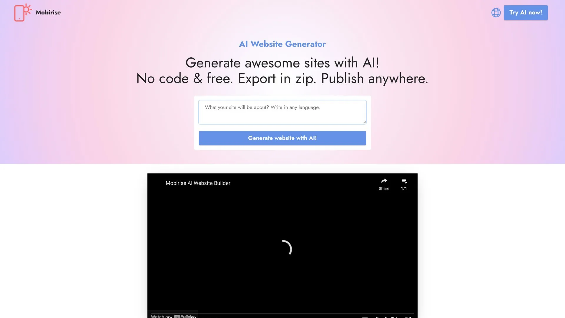 Mobirise AI Website Generator screenshot