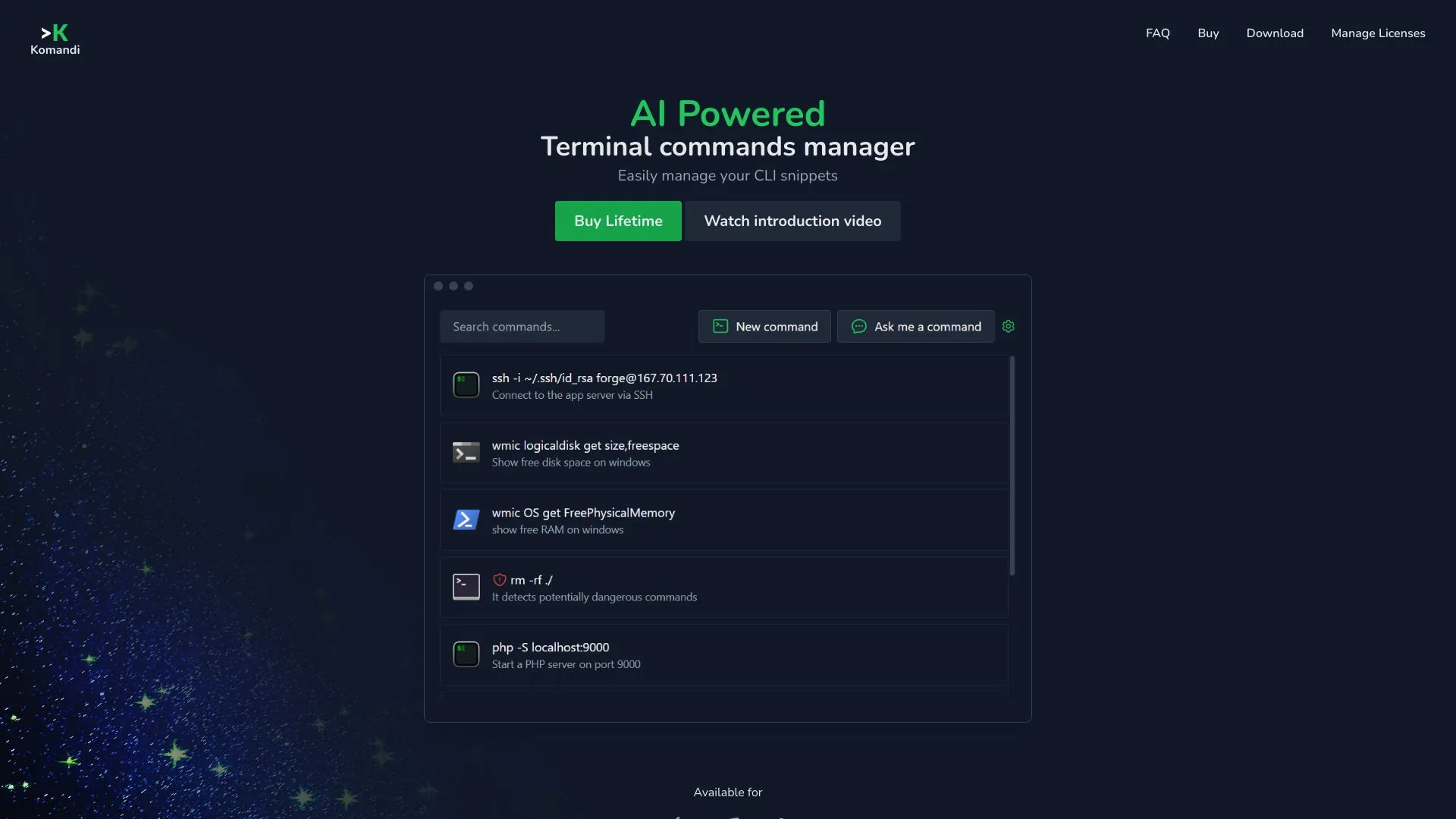 Komandi - AI-based CLI/terminal command management tool screenshot