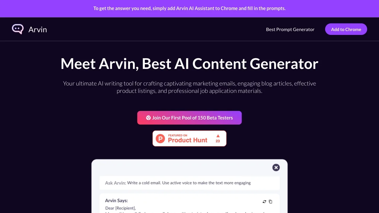 Arvin - Your AI Writing Assistant and Best AI Content Generator screenshot