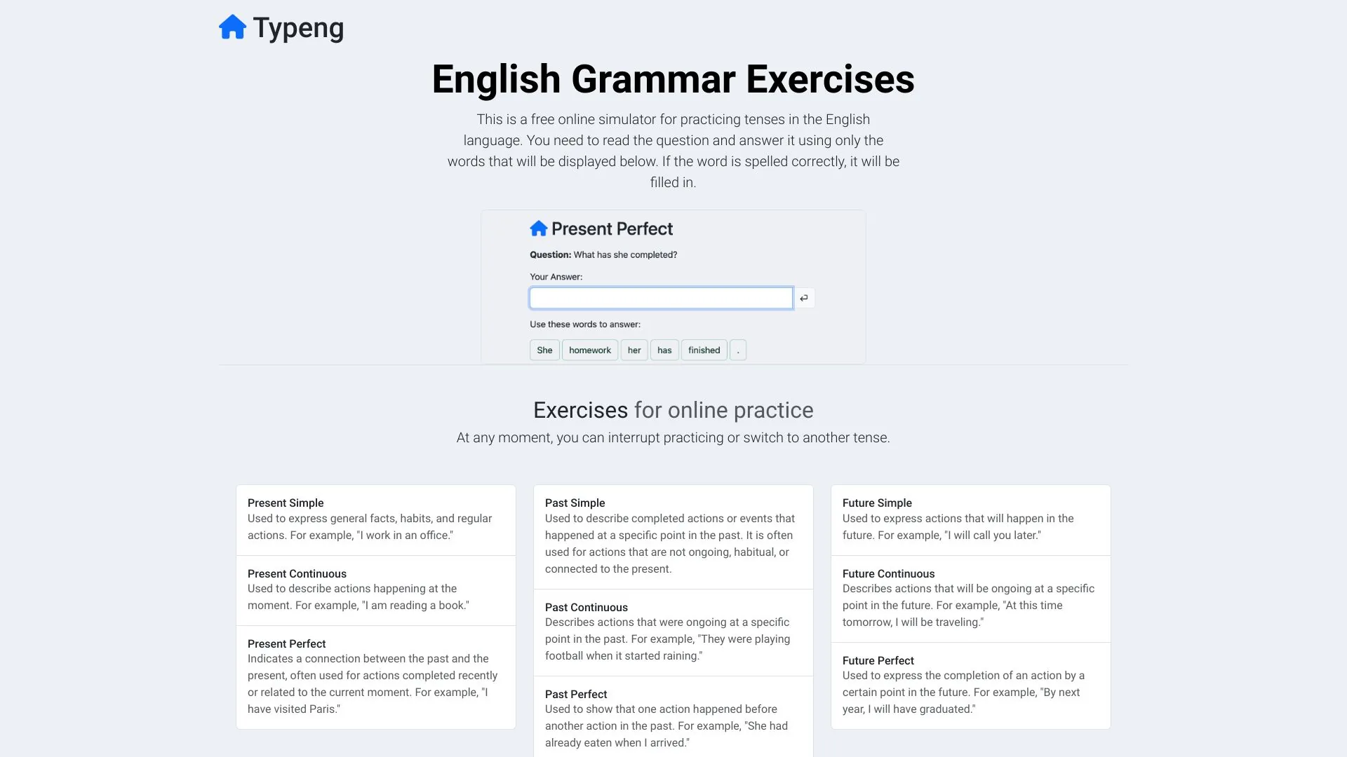 Typeng English grammar practice screenshot