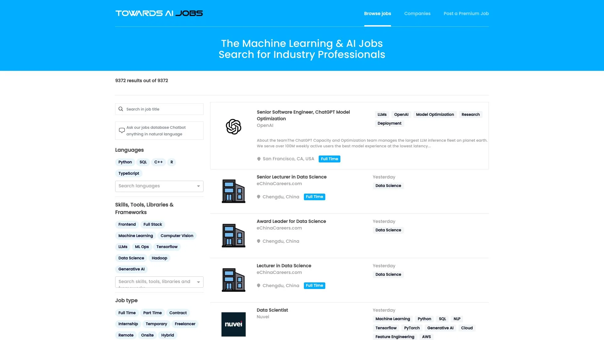 Jobs Search for ML Professionals with LLM/RAG Chat Model screenshot