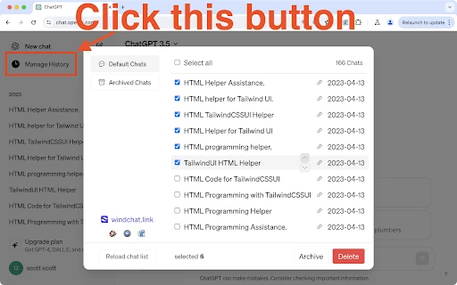 ChatGPT Batch Delete History screenshot